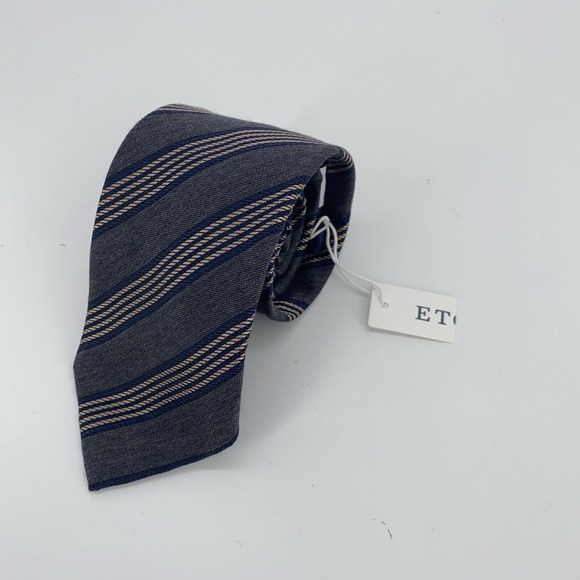 Eton Tie Mens One Size Gray Blue Striped Wool Blend Luxury Necktie Italy Made
